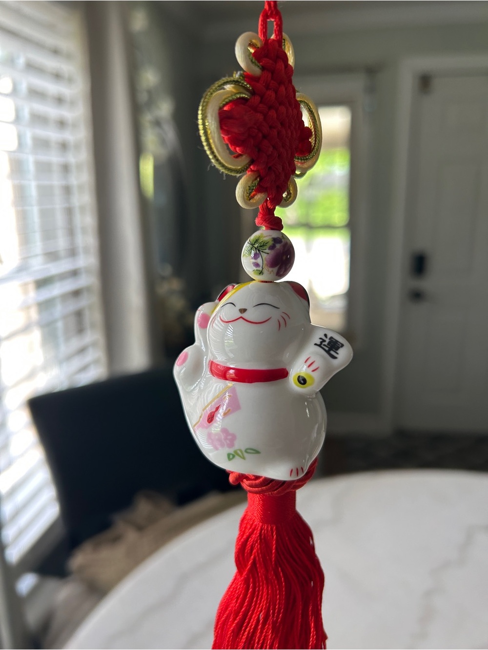 White Ceramic Maneki Neko Cat Hanging Charm with Red Tassel